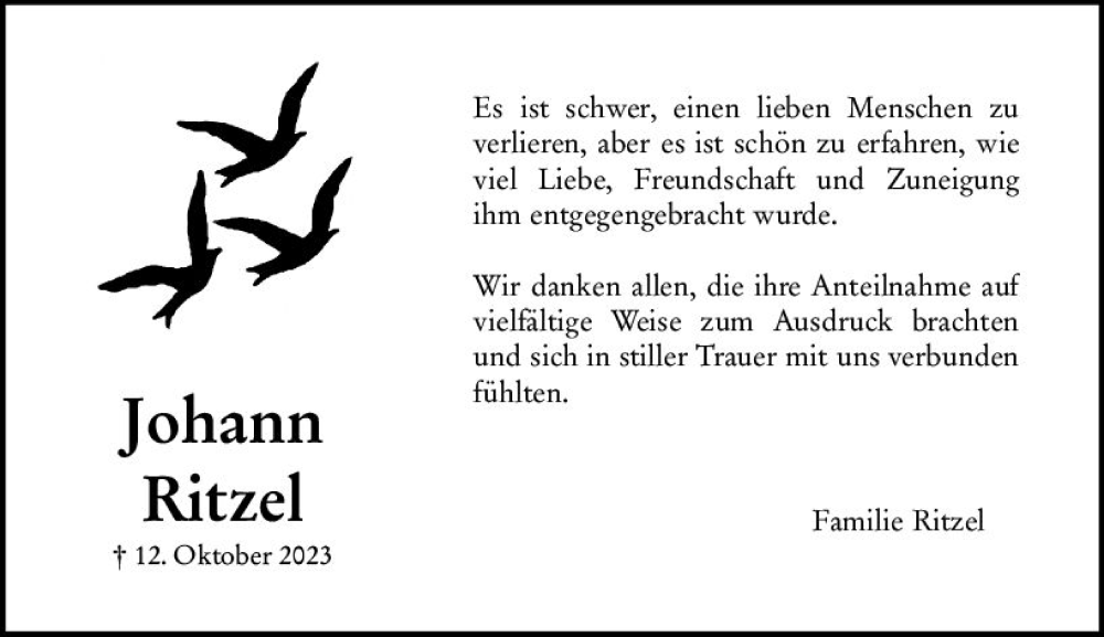  Traueranzeige für Johann Ritzel vom 28.10.2023 aus Hinterländer Anzeiger
