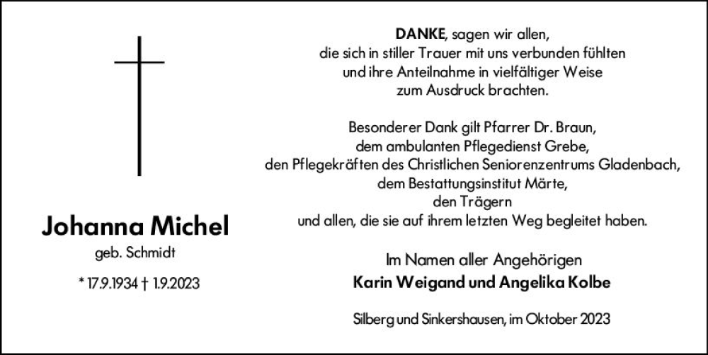  Traueranzeige für Johanna Michel vom 06.10.2023 aus Hinterländer Anzeiger