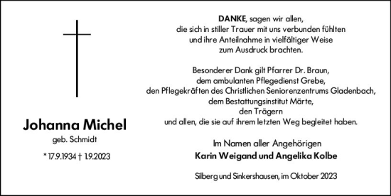 Traueranzeige von Johanna Michel von Hinterländer Anzeiger