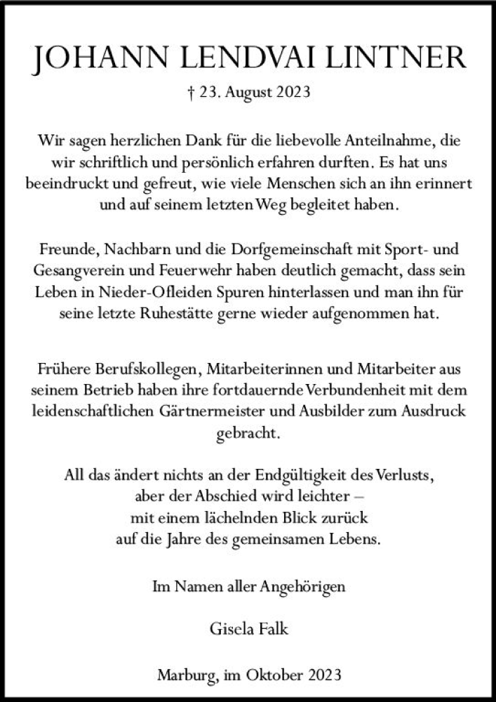  Traueranzeige für Johann Lendvai Lintner vom 28.10.2023 aus VRM Trauer