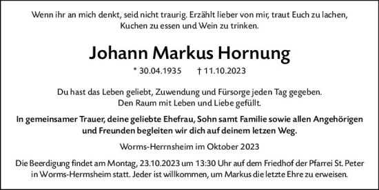 Traueranzeige von Johann Markus Hornung von Wormser Zeitung