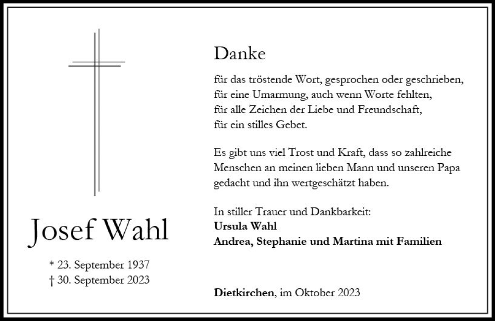  Traueranzeige für Josef Wahl vom 28.10.2023 aus Nassauische Neue Presse