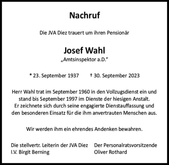 Traueranzeige von Josef Wahl von Nassauische Neue Presse