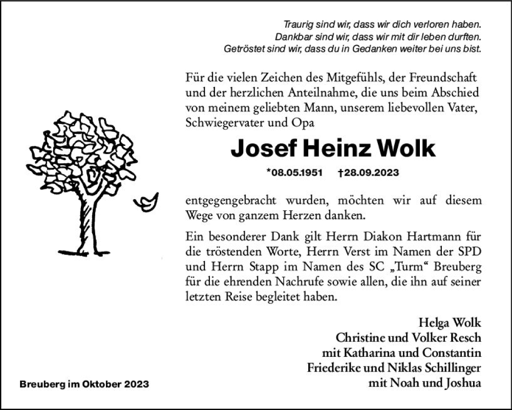  Traueranzeige für Josef Heinz Wolk vom 28.10.2023 aus Odenwälder Echo