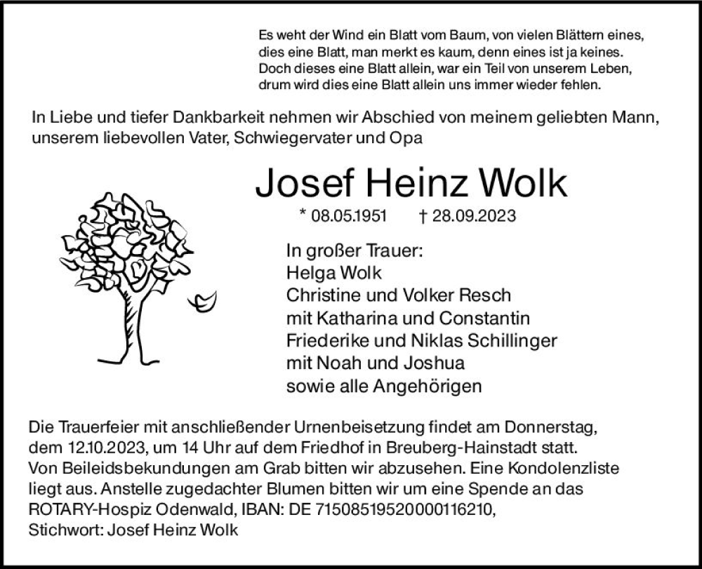  Traueranzeige für Josef Heinz Wolk vom 07.10.2023 aus Odenwälder Echo