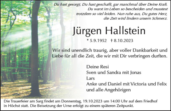 Traueranzeige von Jürgen Hallstein von Odenwälder Echo