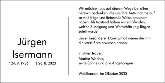 Traueranzeige von Jürgen Isermann von Weilburger Tageblatt
