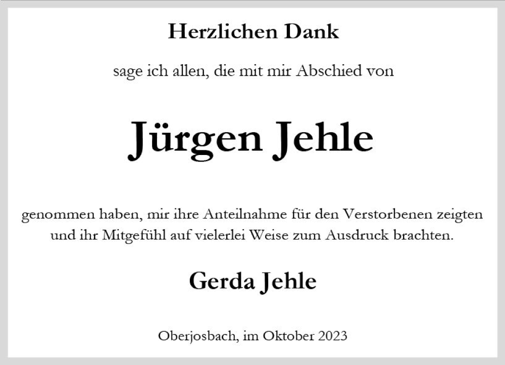  Traueranzeige für Jürgen Jehle vom 21.10.2023 aus Untertaunus/Idstein Wochenblatt