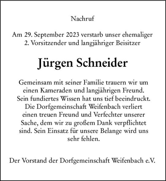 Traueranzeige von Jürgen Schneider von Hinterländer Anzeiger