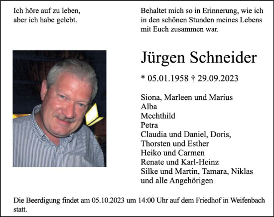 Traueranzeige von Jürgen Schneider von Hinterländer Anzeiger