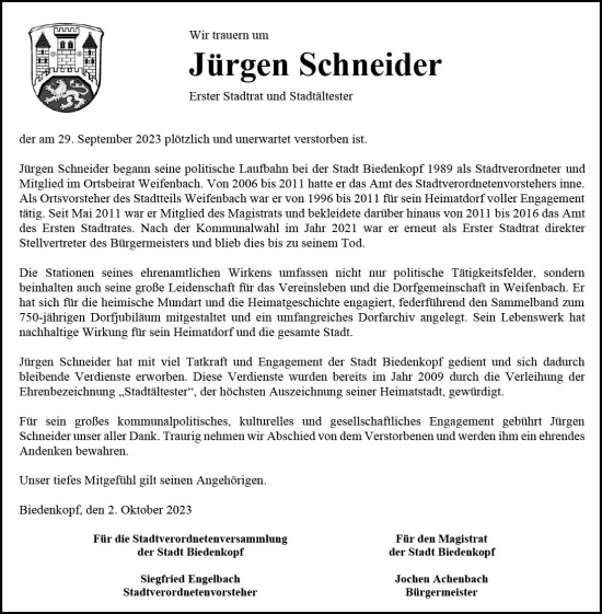 Traueranzeige von Jürgen Schneider von Hinterländer Anzeiger