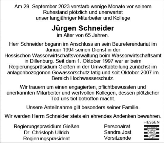 Traueranzeige von Jürgen Schneider von Hinterländer Anzeiger