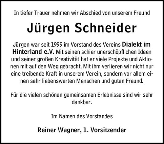 Traueranzeige von Jürgen Schneider von Hinterländer Anzeiger
