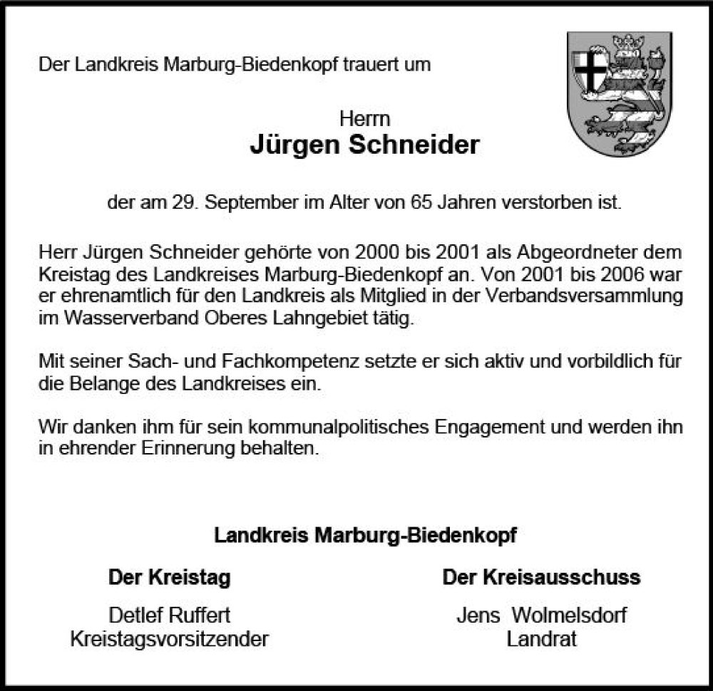  Traueranzeige für Jürgen Schneider vom 07.10.2023 aus Hinterländer Anzeiger