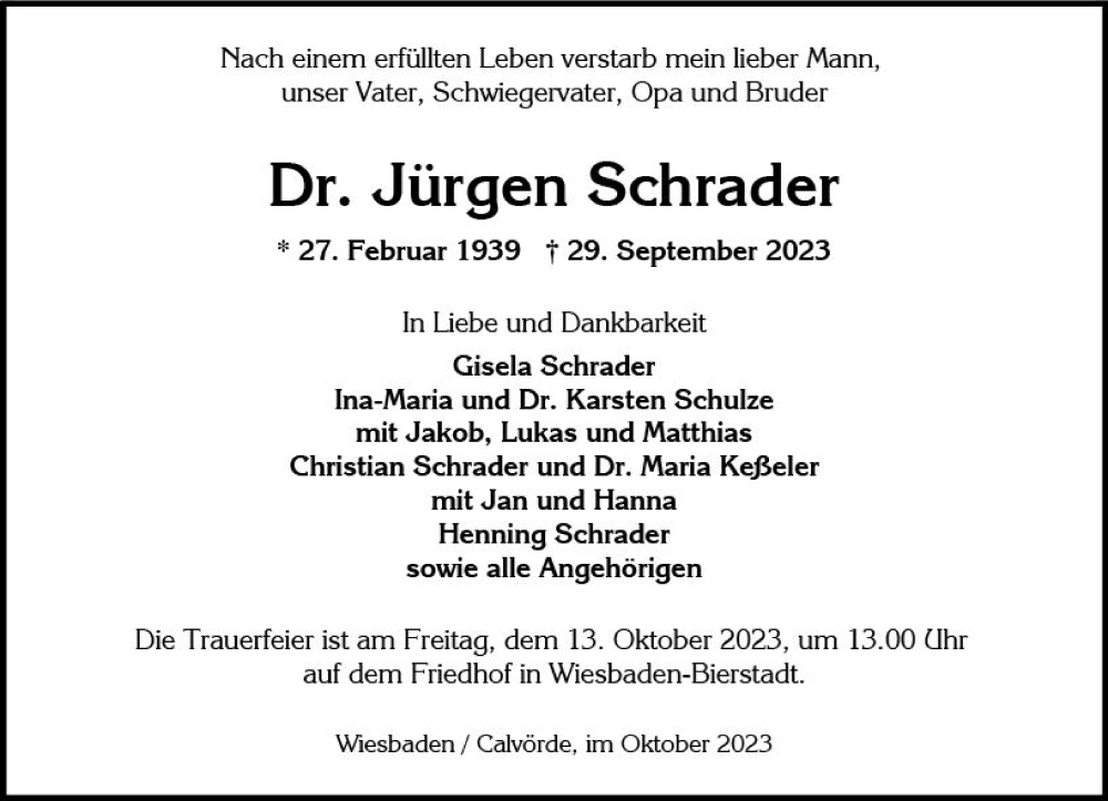  Traueranzeige für Jürgen Schrader vom 07.10.2023 aus Wiesbadener Kurier