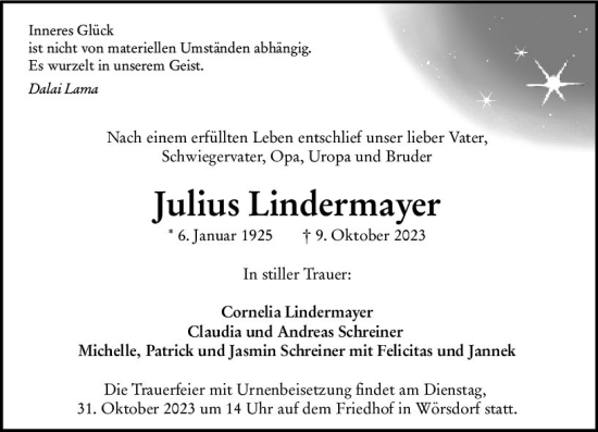 Traueranzeige von Julius Lindermayer von Camberger Anzeiger