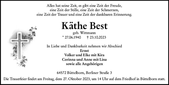 Traueranzeige von Käthe Best von Groß-Gerauer Echo