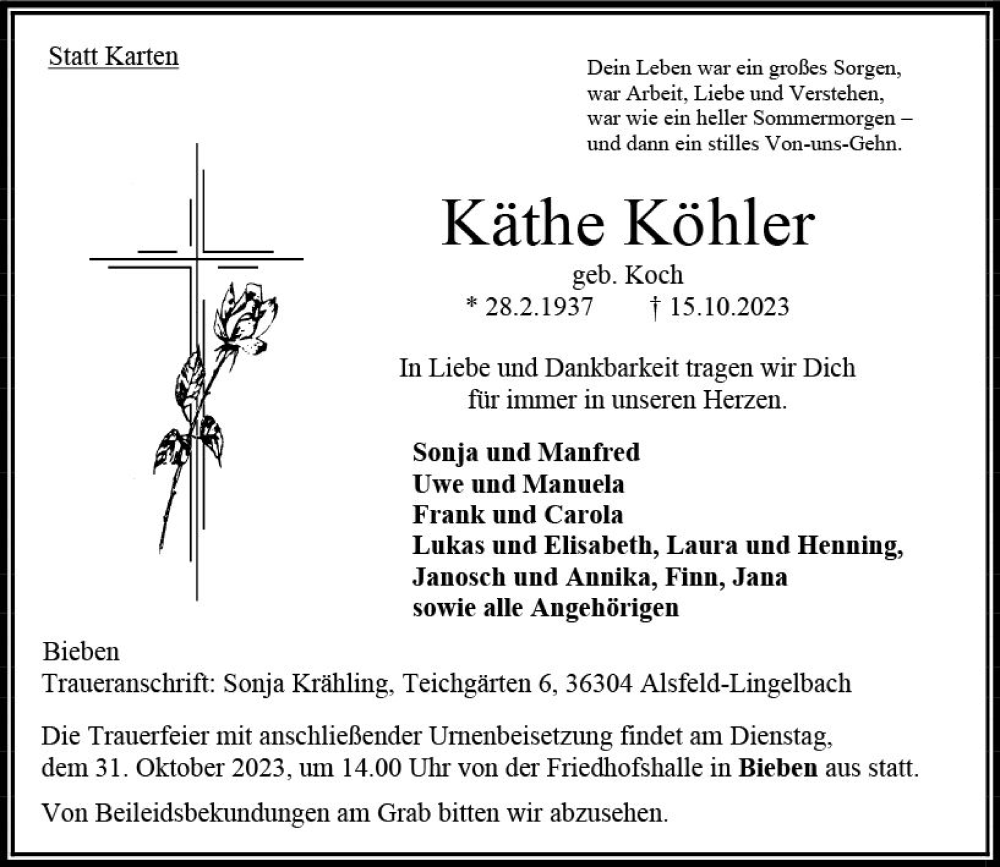  Traueranzeige für Käthe Köhler vom 28.10.2023 aus Oberhessen Kurier