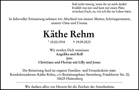 Traueranzeige von Käthe Rehm von Wetzlarer Neue Zeitung