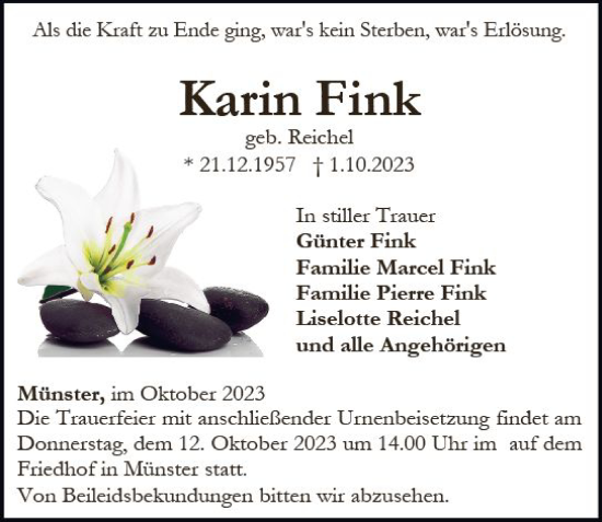 Traueranzeige von Karin Fink von Weilburger Tageblatt