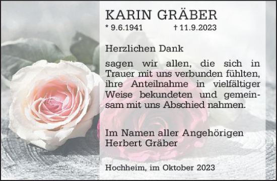 Traueranzeige von Karin Gräber von Hochheimer Zeitung