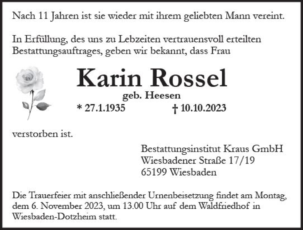  Traueranzeige für Karin Rossel vom 28.10.2023 aus Wiesbadener Kurier