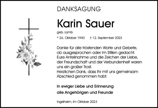 Traueranzeige von Karin Sauer von Allgemeine Zeitung Bingen/Ingelheim