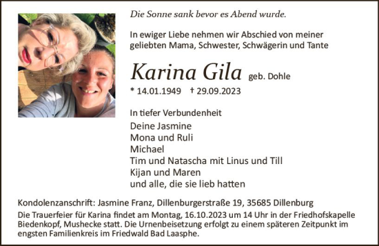 Traueranzeige von Karina Gila von Hinterländer Anzeiger