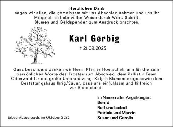 Traueranzeige von Karl Gerbig von Odenwälder Echo