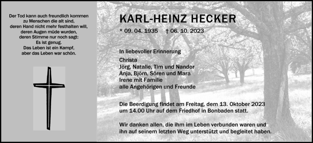  Traueranzeige für Karl-Heinz Hecker vom 11.10.2023 aus Wetzlarer Neue Zeitung
