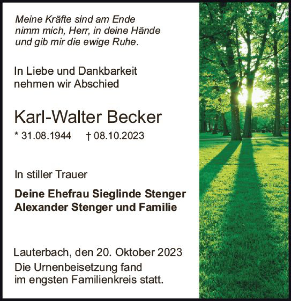  Traueranzeige für Karl-Walter Becker vom 20.10.2023 aus VRM Trauer