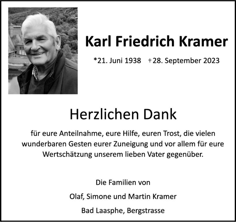  Traueranzeige für Karl Friedrich Kramer vom 21.10.2023 aus Hinterländer Anzeiger