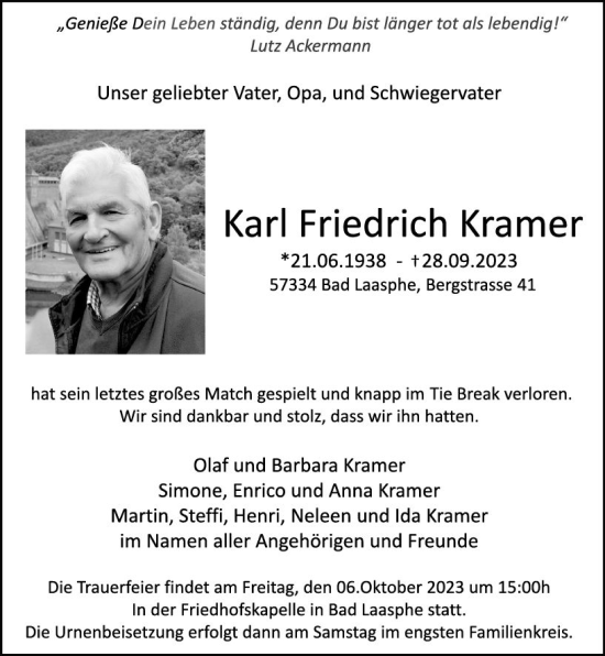 Traueranzeige von Karl Friedrich Kramer von Hinterländer Anzeiger