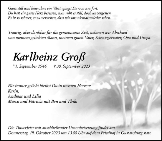 Traueranzeige von Karlheinz Groß von Rüsselsheimer Echo