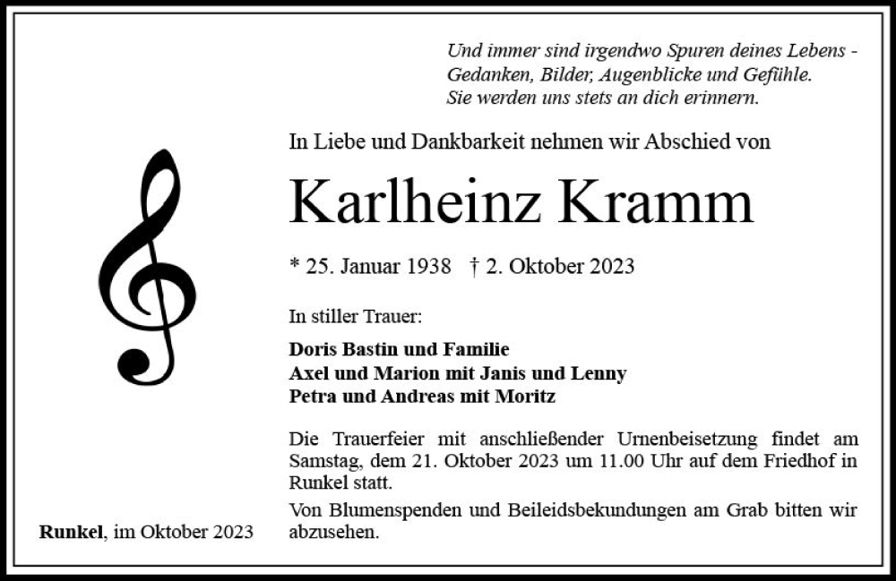  Traueranzeige für Karlheinz Kramm vom 14.10.2023 aus Nassauische Neue Presse