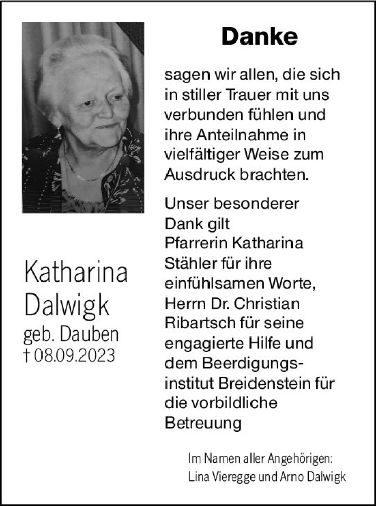  Traueranzeige für Katharina Dalwigk vom 14.10.2023 aus Hinterländer Anzeiger