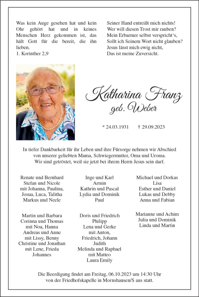  Traueranzeige für Katharina Franz vom 04.10.2023 aus Hinterländer Anzeiger
