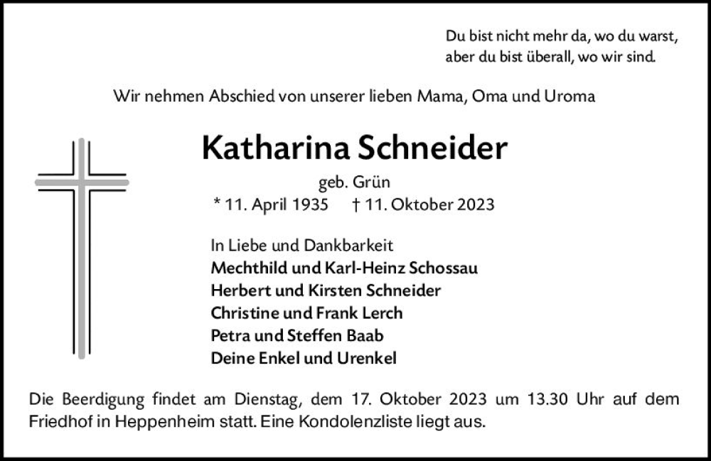  Traueranzeige für Katharina Schneider vom 14.10.2023 aus Starkenburger Echo