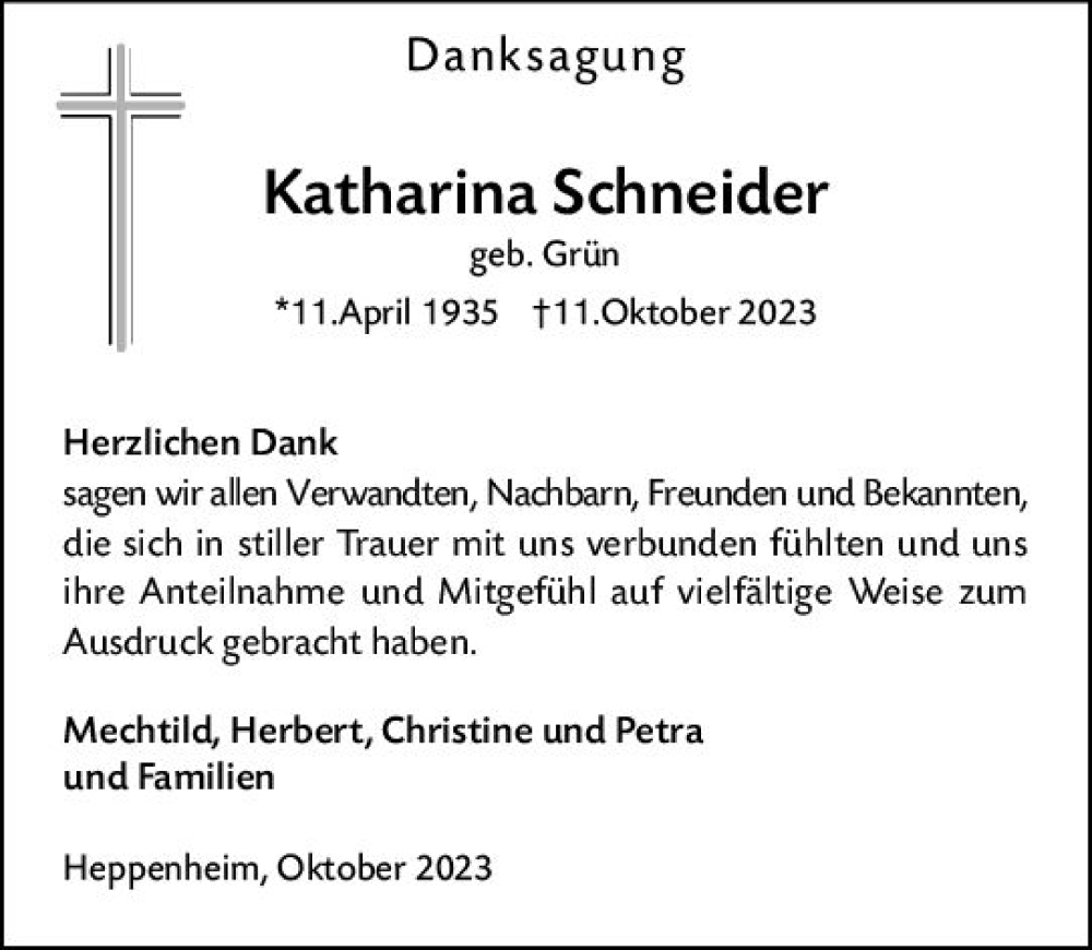  Traueranzeige für Katharina Schneider vom 28.10.2023 aus Starkenburger Echo