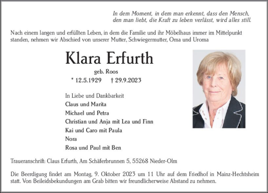 Traueranzeige von Klara Erfurth von Allgemeine Zeitung Mainz