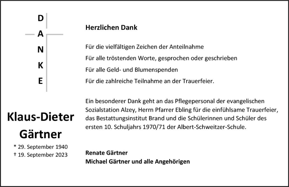  Traueranzeige für Klaus-Dieter Gärtner vom 28.10.2023 aus Allgemeine Zeitung Alzey