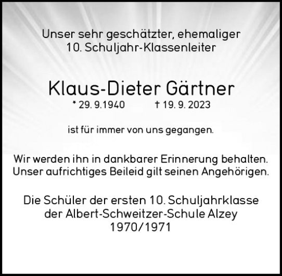 Traueranzeige von Klaus-Dieter Gärtner von Allgemeine Zeitung Alzey