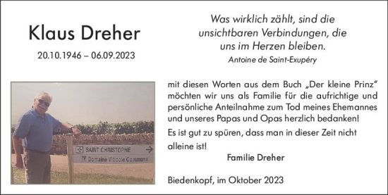 Traueranzeige von Klaus Dreher von Hinterländer Anzeiger