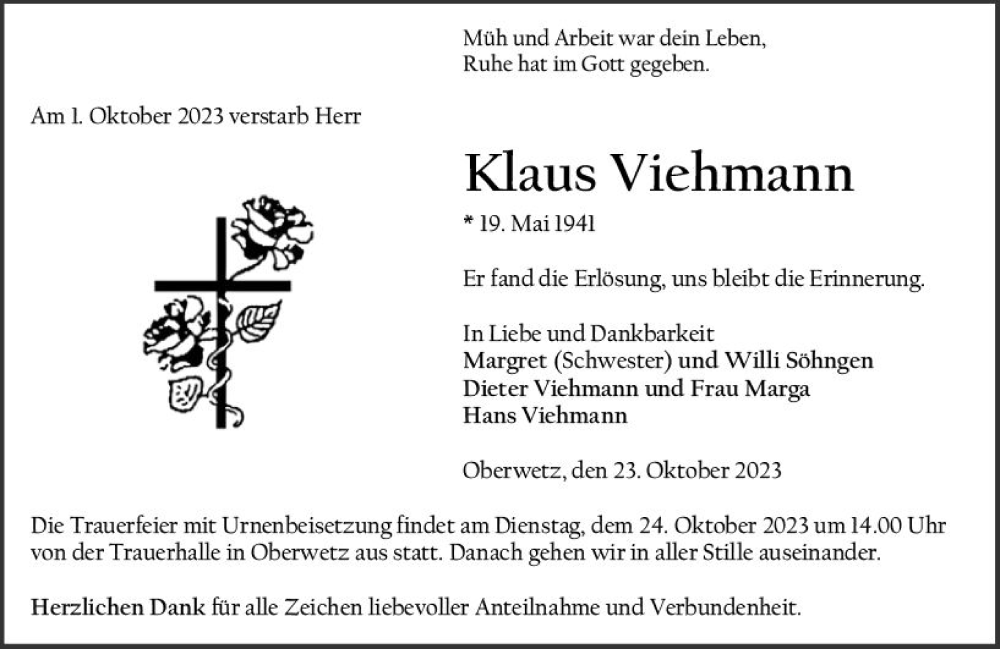  Traueranzeige für Klaus Viehmann vom 23.10.2023 aus Wetzlarer Neue Zeitung