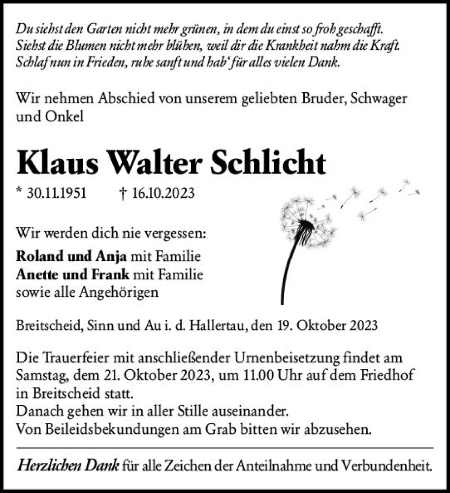  Traueranzeige für Klaus Walter Schlicht vom 19.10.2023 aus Dill Block