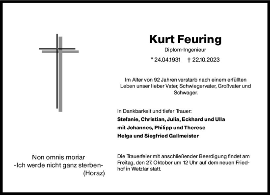 Traueranzeige von Kurt Feuring von Wetzlarer Neue Zeitung