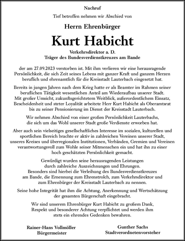  Traueranzeige für Kurt Habicht vom 04.10.2023 aus VRM Trauer