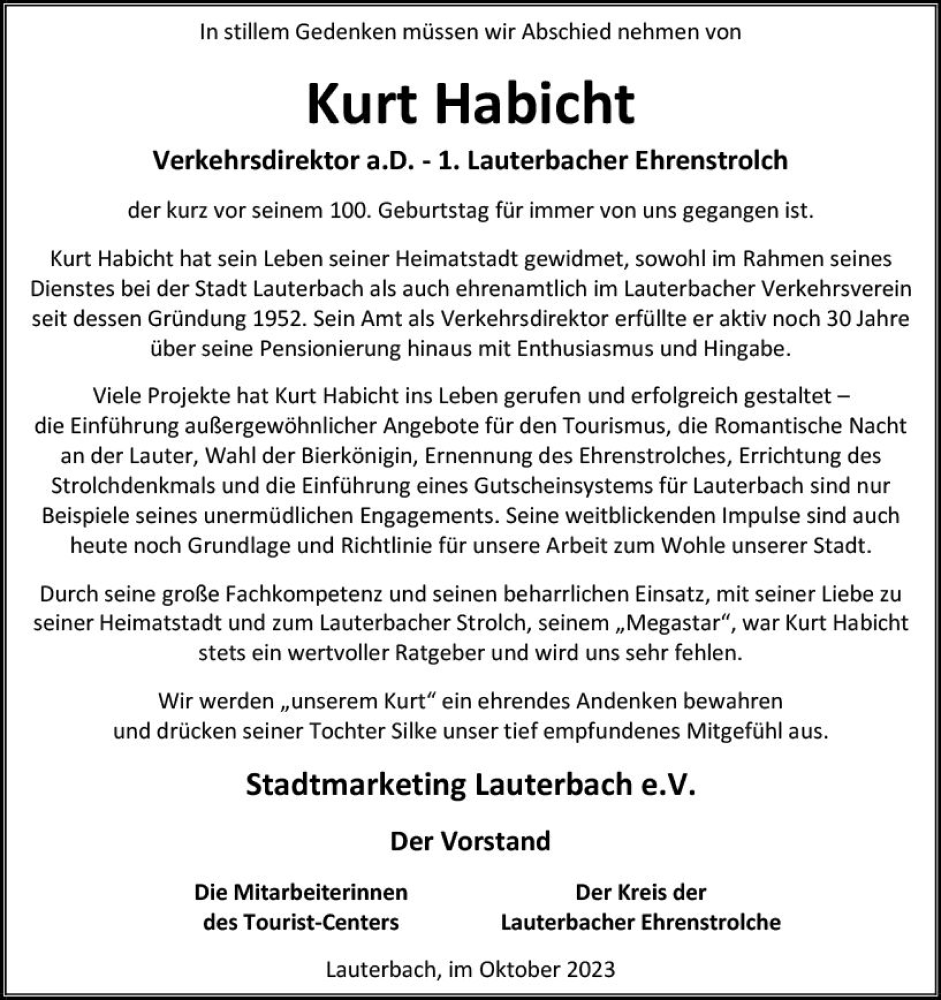  Traueranzeige für Kurt Habicht vom 04.10.2023 aus VRM Trauer