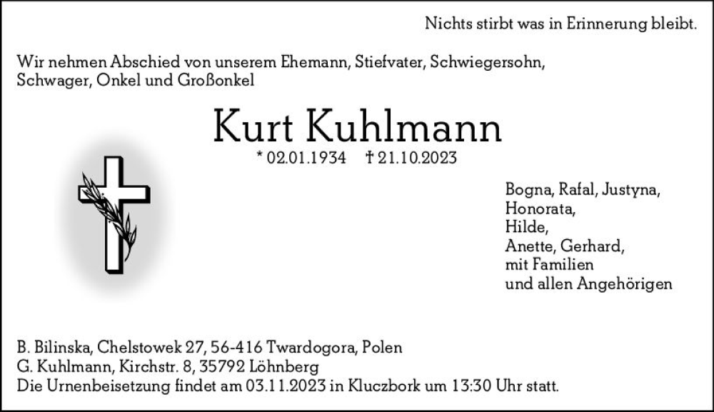  Traueranzeige für Kurt Kuhlmann vom 28.10.2023 aus Weilburger Tageblatt