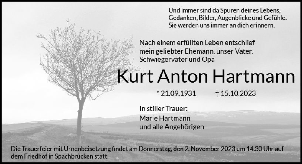  Traueranzeige für Kurt Anton Hartmann vom 28.10.2023 aus Darmstädter Echo